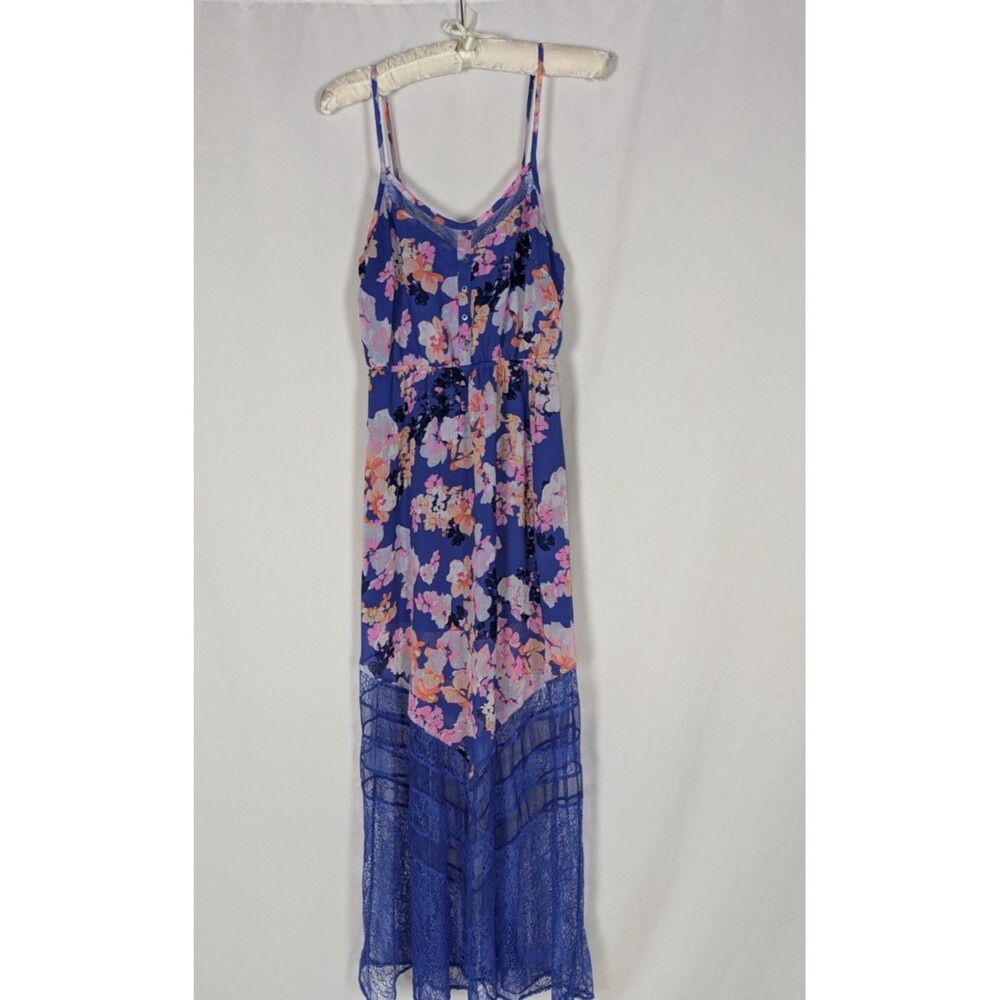 Candie's Dress M Women's Blue Floral Lace Spaghetti Strap Button Detail Maxi